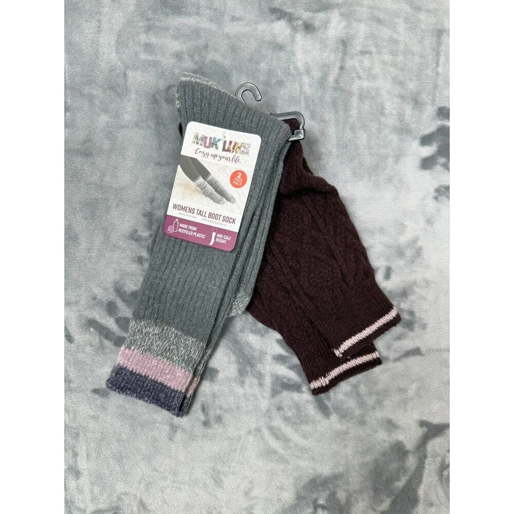 Muk Luks Women’s 2 Pair Pack Tall Boot Socks Mid-Calf Height size 6-11 Charcoal